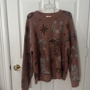 Entro Warm Brown Knit Sweater western glitter detail size large